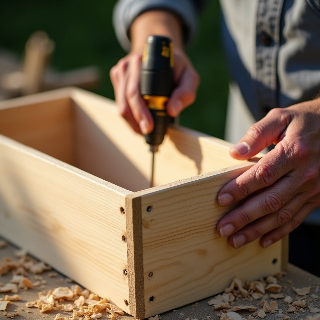 Manos preparando un cajón de madera con perforaciones de drenaje antes de convertirlo en lombricera