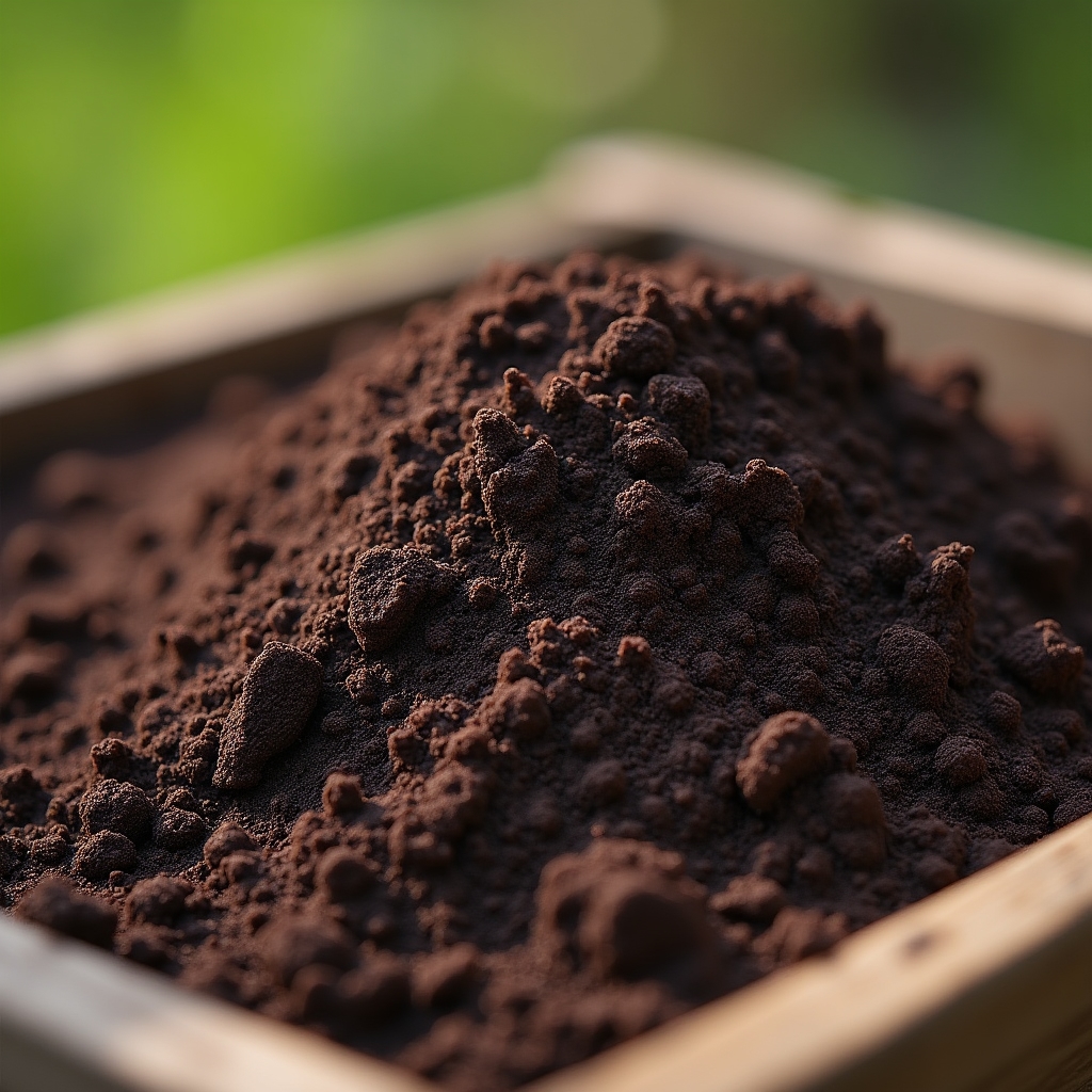 Primer plano de humus de lombriz terminado, con textura oscura y granulada sobre una bandeja de madera