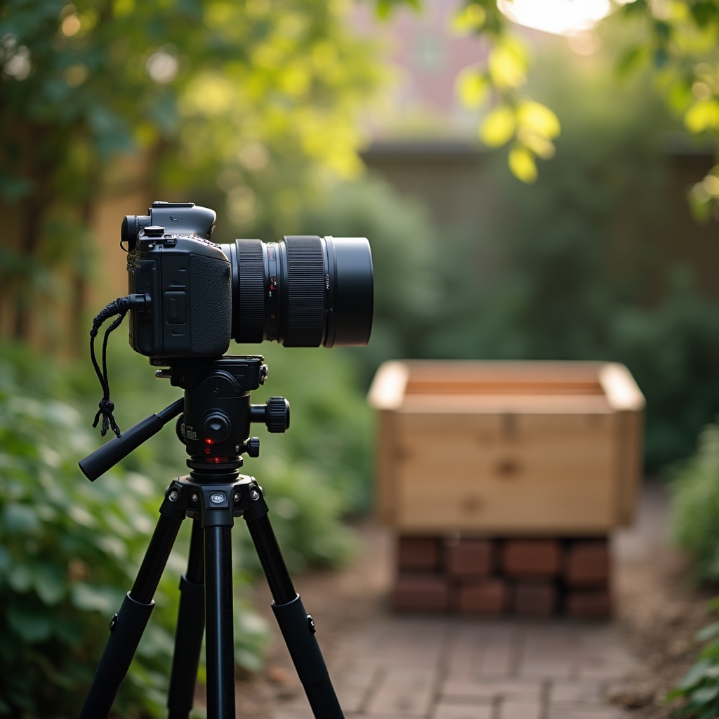 Cámara de fotos sobre trípode enfocando una lombricera de cajón de madera en un patio con luz natural